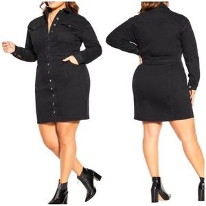 New City Chic Rider Long Sleeve Denim Shirtdress Button Front Jean Black 18